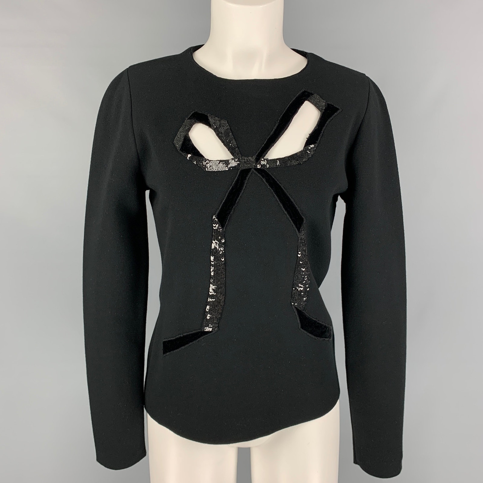 Oscar De La Renta 2021 L Black On Black Viscose Blend Sequined Cut Out Pullover